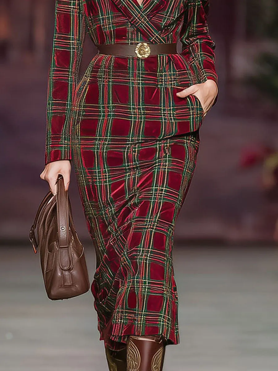 Lapel Double Pocket Plaid Silver Velvet Midi Dress sold by Oyrosy product image thumbnail 3