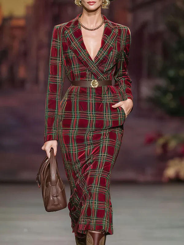 Lapel Double Pocket Plaid Silver Velvet Midi Dress sold by Oyrosy