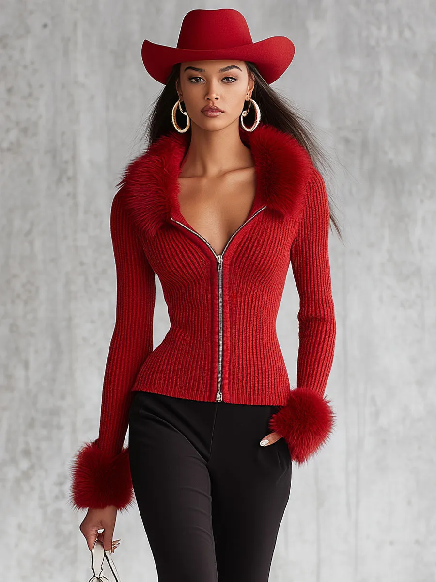 Lapel Zipper Faux Fur Collar Knitted Cardigan sold by Oyrosy product image thumbnail 4