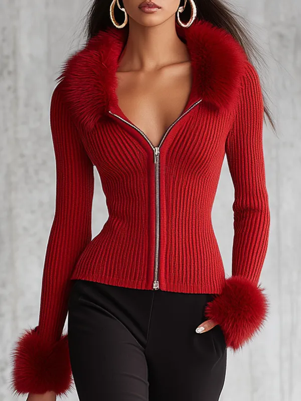 Lapel Zipper Faux Fur Collar Knitted Cardigan sold by Oyrosy