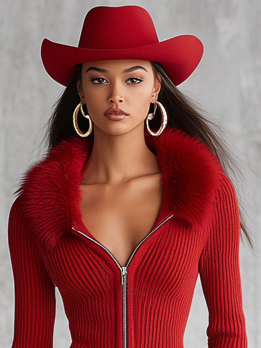 Lapel Zipper Faux Fur Collar Knitted Cardigan sold by Oyrosy product image thumbnail 2