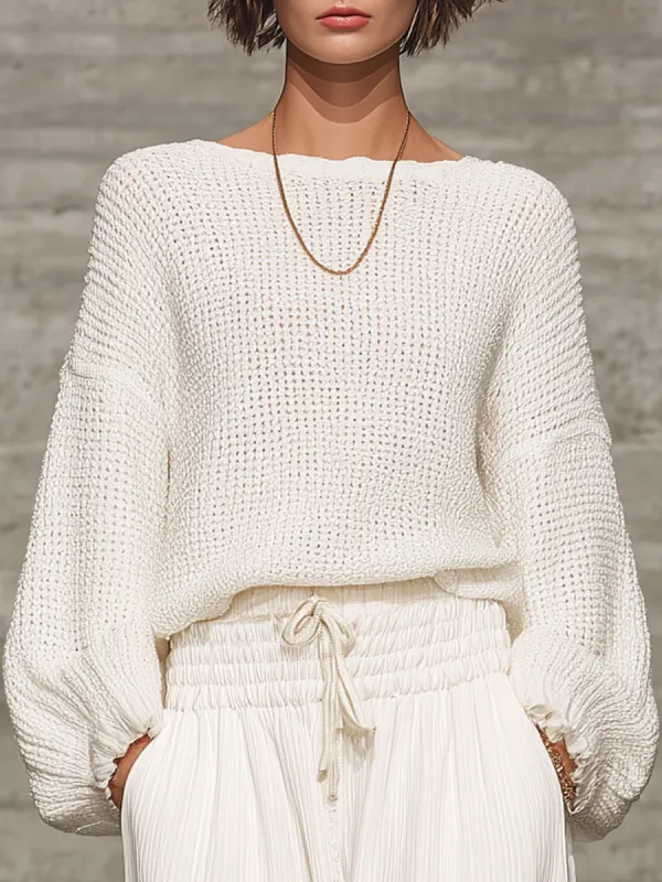 Retro Casual White Boat Neck Loose Sweater sold by Oyrosy