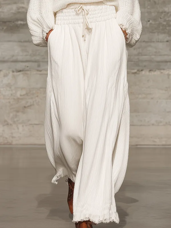 Retro Casual White Elastic Waist Wide-leg Pants sold by Oyrosy