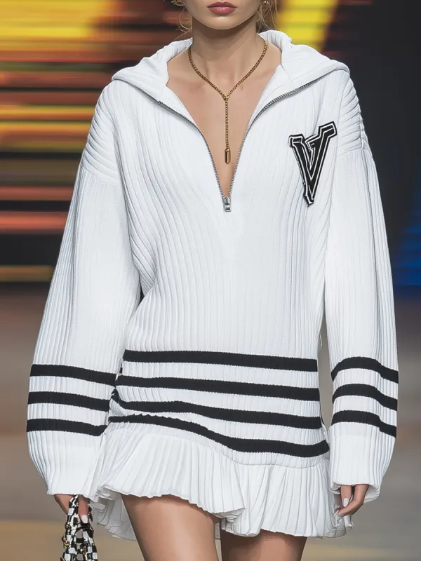 Retro Casual Sports Black Trim White Hooded Mini Dress sold by Oyrosy