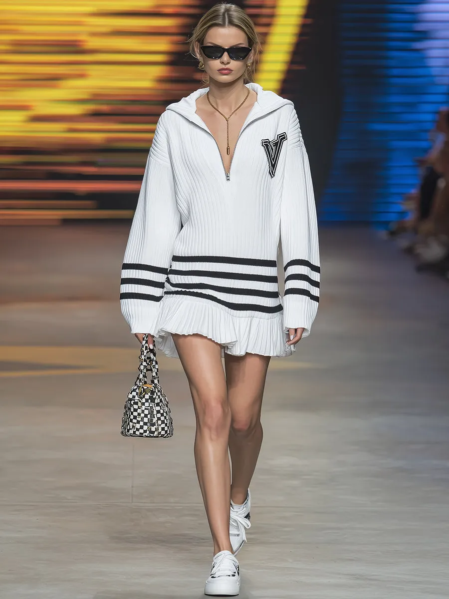 Retro Casual Sports Black Trim White Hooded Mini Dress sold by Oyrosy product image thumbnail 2