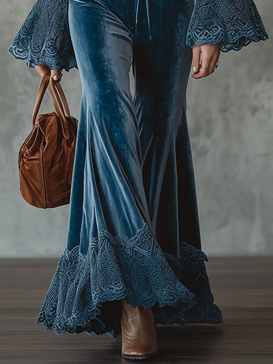 Exquisite Vintage Blue Velvet Patchwork Lace Shirt And Pants Set sold by Oyrosy product image thumbnail 4