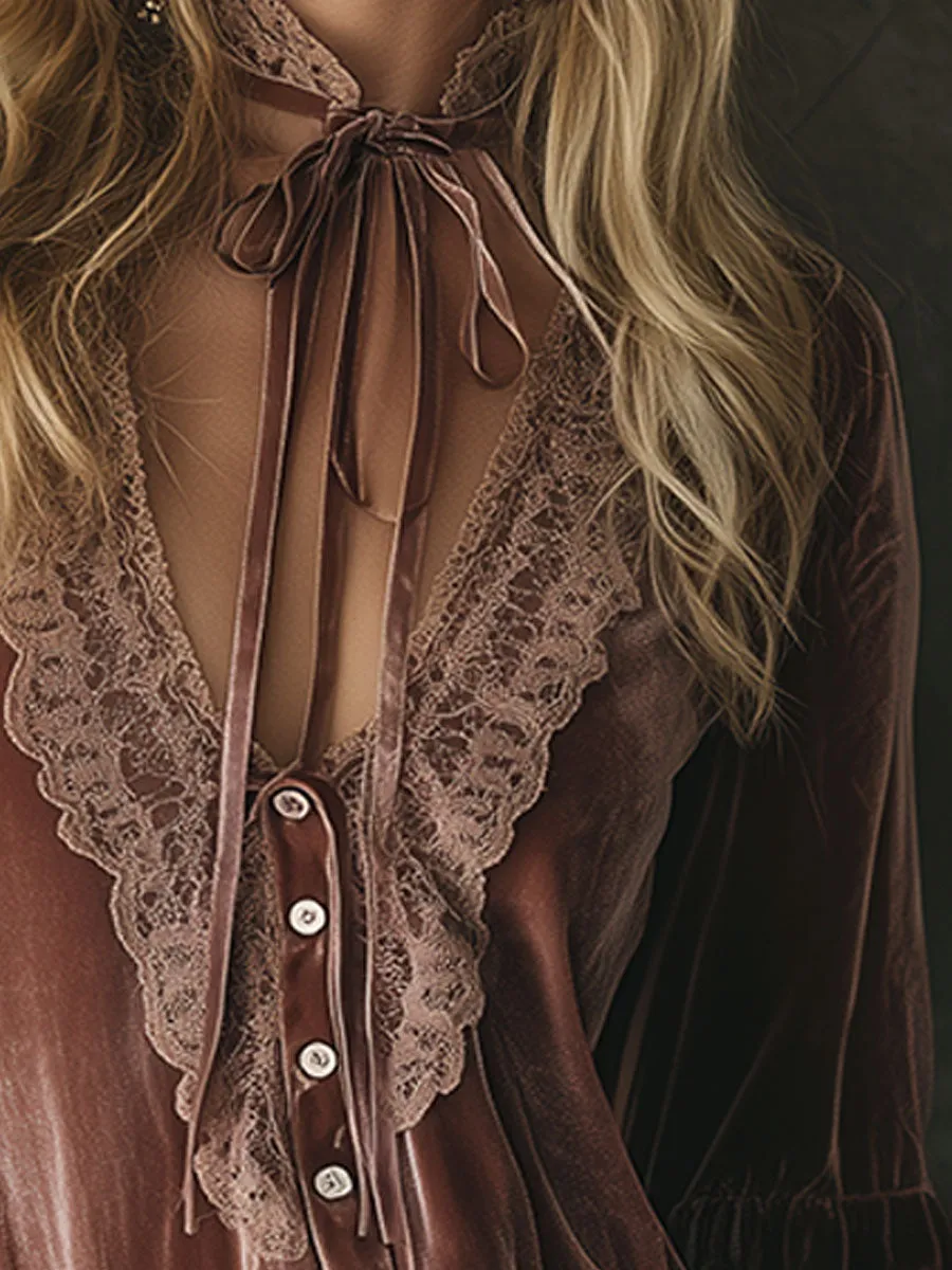 Exquisite Retro Pink Velvet Patchwork Lace Lace Shirt sold by Oyrosy product image thumbnail 3