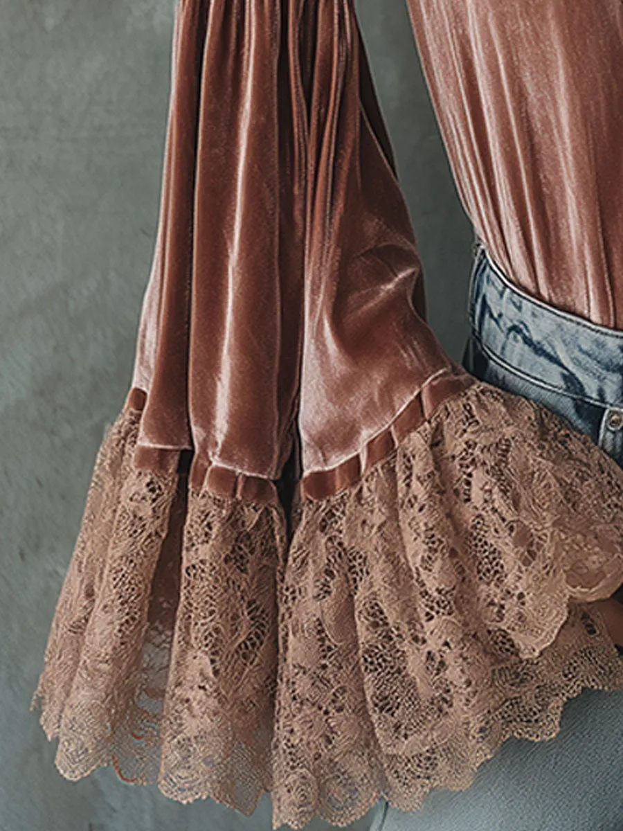 Exquisite Retro Pink Velvet Patchwork Lace Lace Shirt sold by Oyrosy product image thumbnail 4