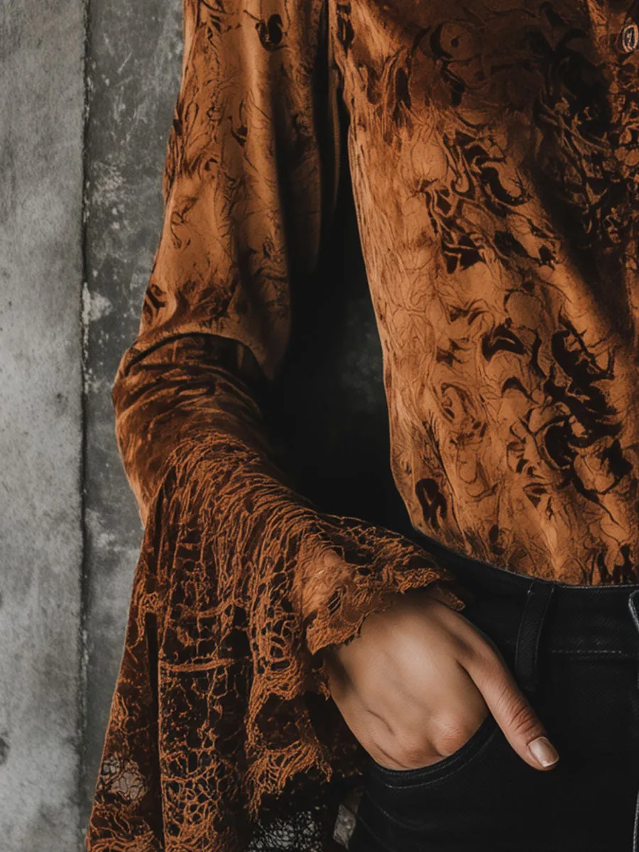 Exquisite Retro Brown Velvet Print Patchwork Lace Shirt sold by Oyrosy product image thumbnail 4