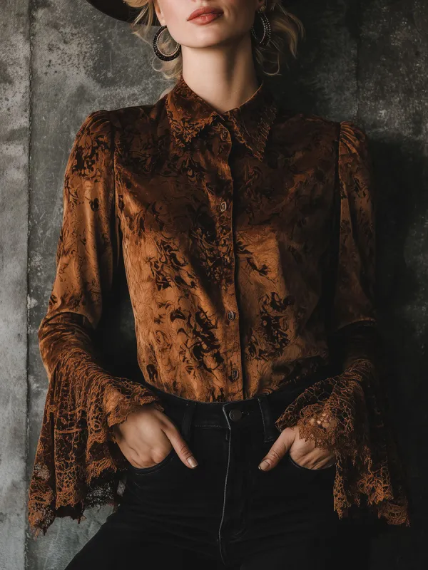 Exquisite Retro Brown Velvet Print Patchwork Lace Shirt sold by Oyrosy