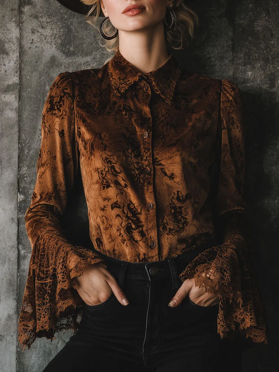 Exquisite Retro Brown Velvet Print Patchwork Lace Shirt sold by Oyrosy
