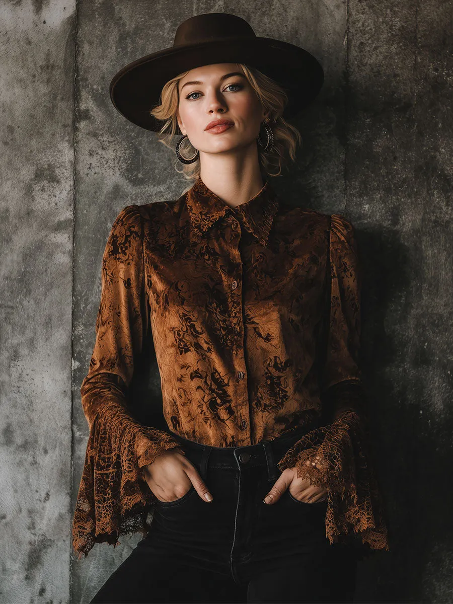 Exquisite Retro Brown Velvet Print Patchwork Lace Shirt sold by Oyrosy product image thumbnail 2