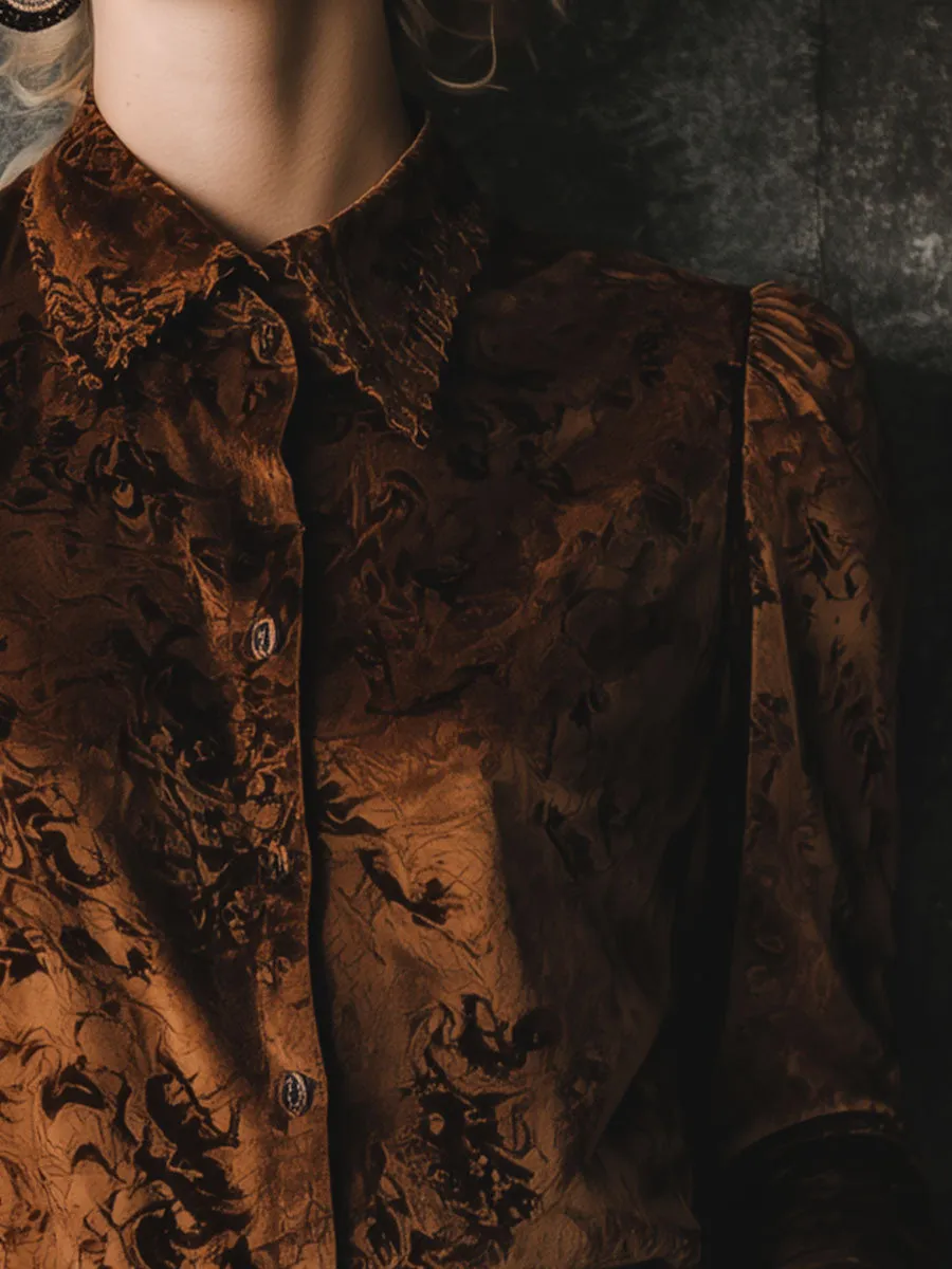 Exquisite Retro Brown Velvet Print Patchwork Lace Shirt sold by Oyrosy product image thumbnail 3