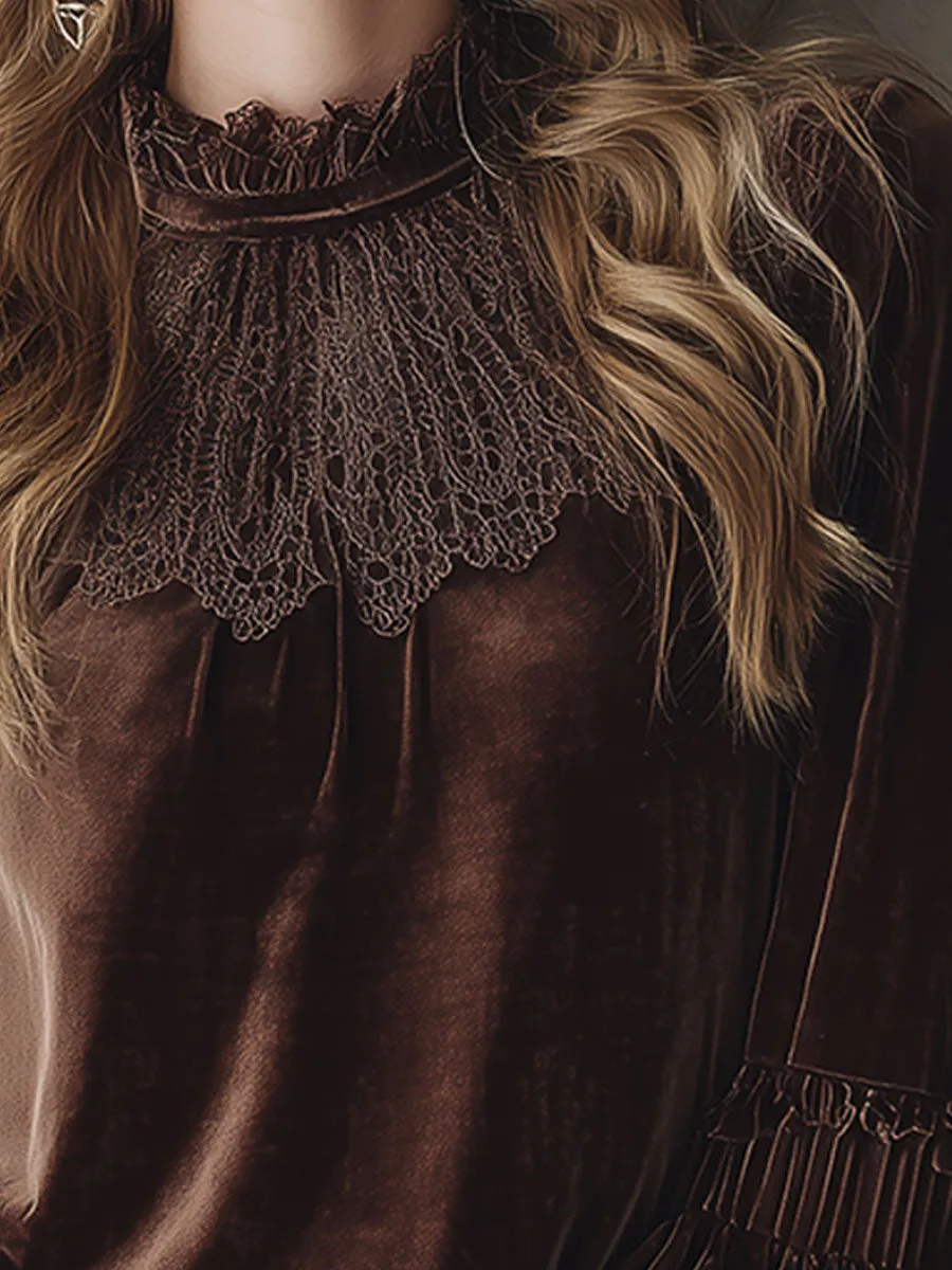 Exquisite Retro Brown Velvet Round Neck Stitching Lace Shirt sold by Oyrosy product image thumbnail 3