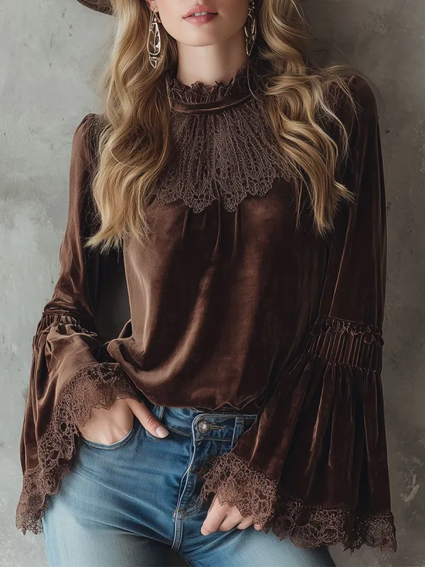 Exquisite Retro Brown Velvet Round Neck Stitching Lace Shirt sold by Oyrosy