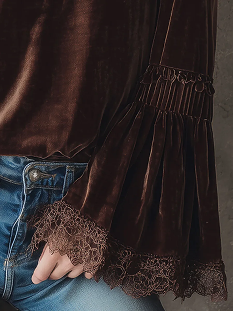 Exquisite Retro Brown Velvet Round Neck Stitching Lace Shirt sold by Oyrosy product image thumbnail 4