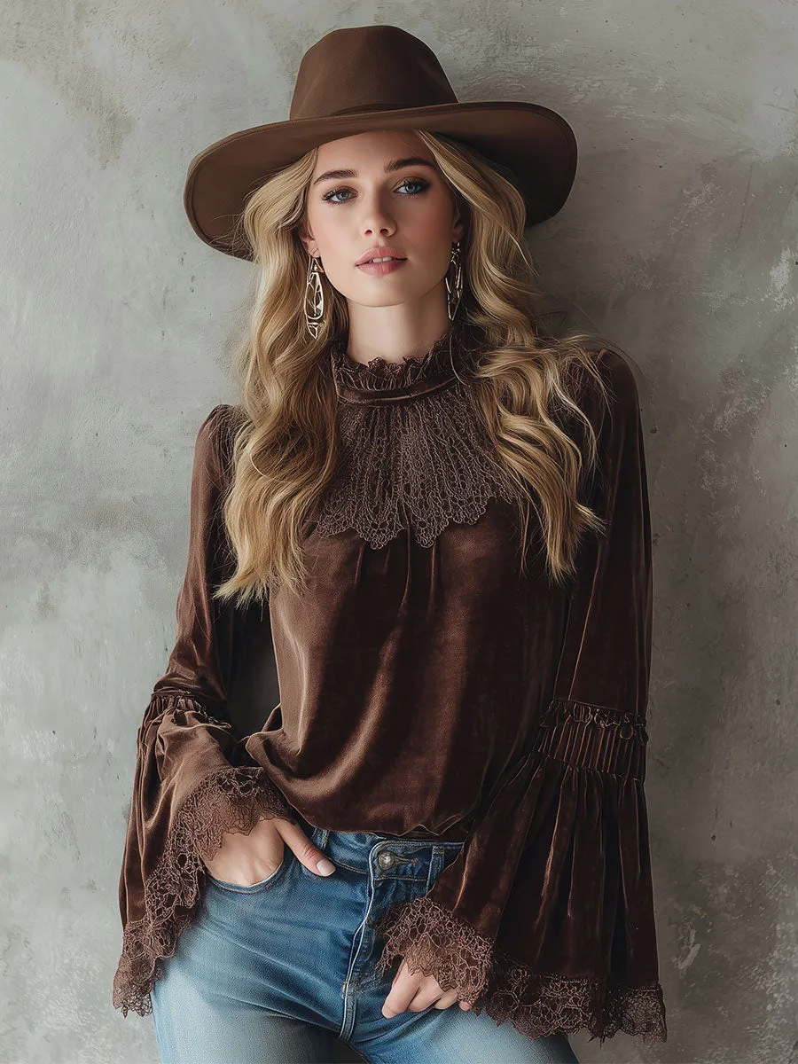 Exquisite Retro Brown Velvet Round Neck Stitching Lace Shirt sold by Oyrosy product image thumbnail 2