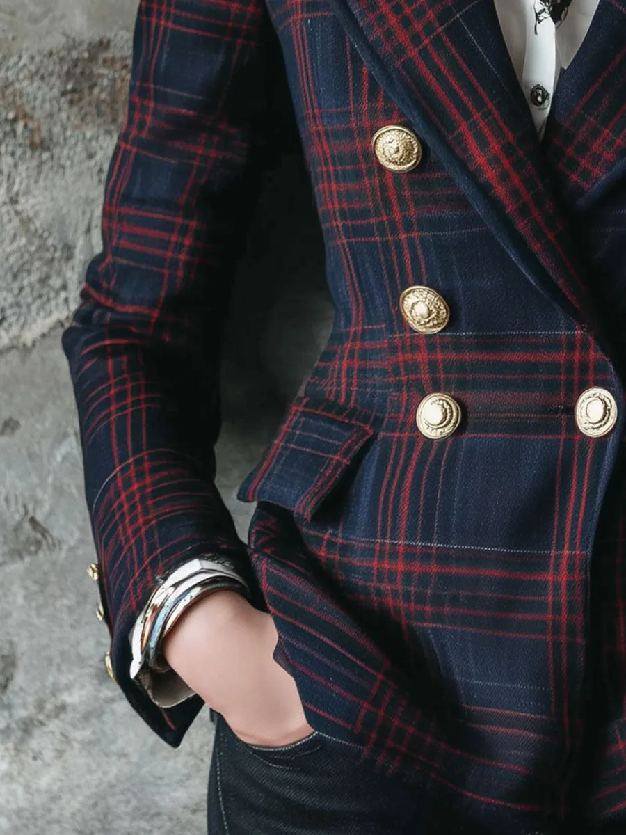 Fashionable Western-style Red And Blue Retro Plaid Wool Suit Jacket sold by Oyrosy product image thumbnail 4