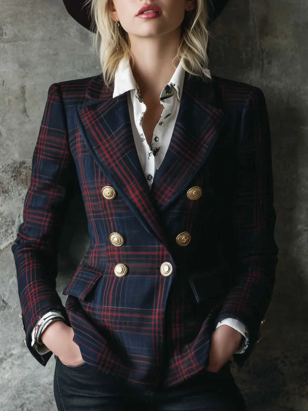 Fashionable Western-style Red And Blue Retro Plaid Wool Suit Jacket sold by Oyrosy