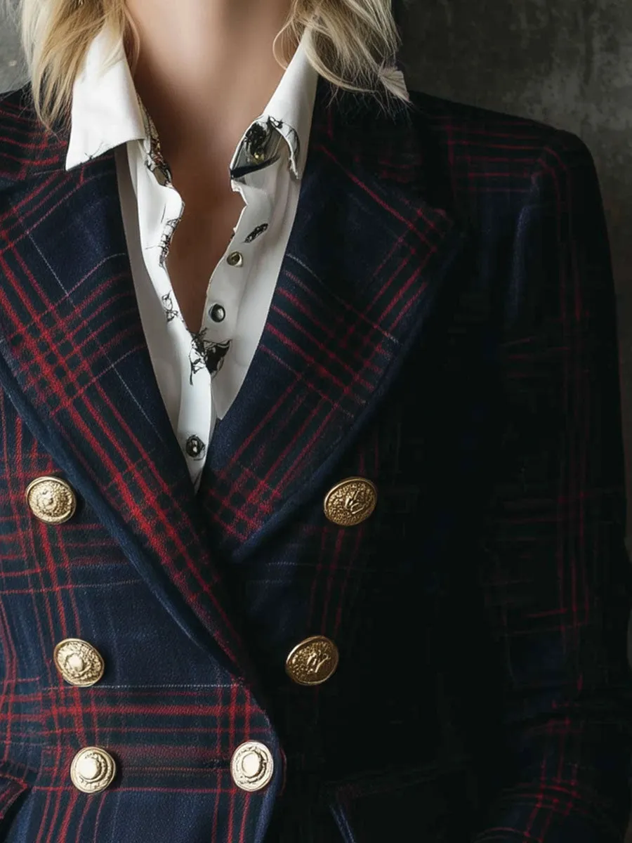 Fashionable Western-style Red And Blue Retro Plaid Wool Suit Jacket sold by Oyrosy product image thumbnail 3