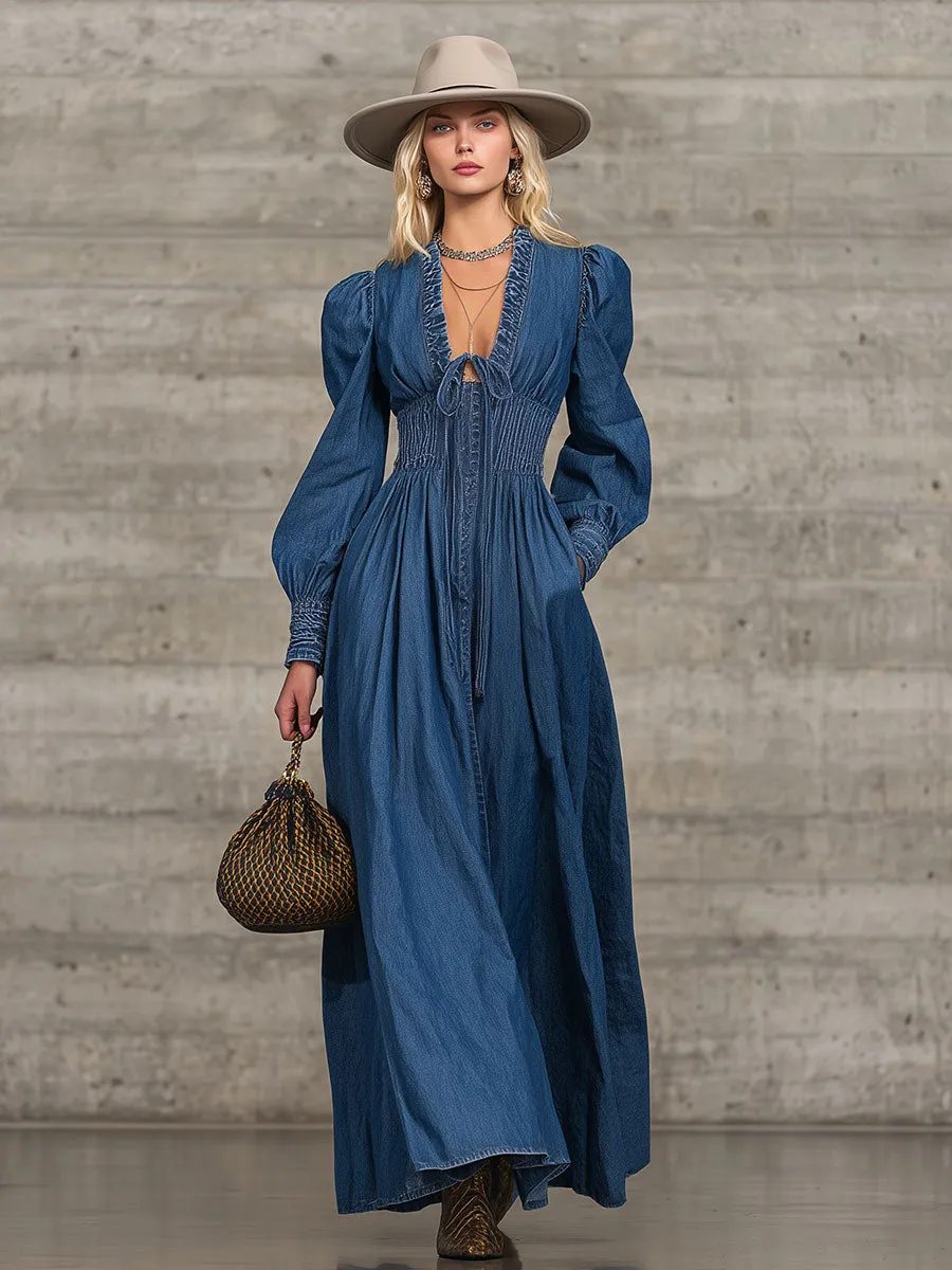 Vintage Dark Blue Denim Long-sleeved Tie-lapel Maxi Dress sold by Oyrosy product image thumbnail 2