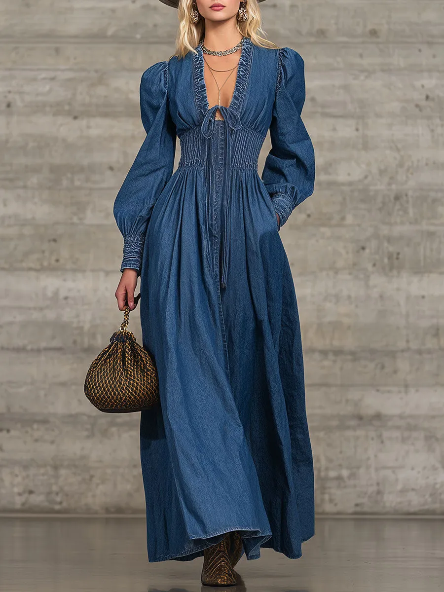 Vintage Dark Blue Denim Long-sleeved Tie-lapel Maxi Dress sold by Oyrosy