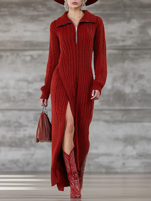 Fashion Retro Red Lapel Hem Slit Knitted Maxi Dress sold by Oyrosy