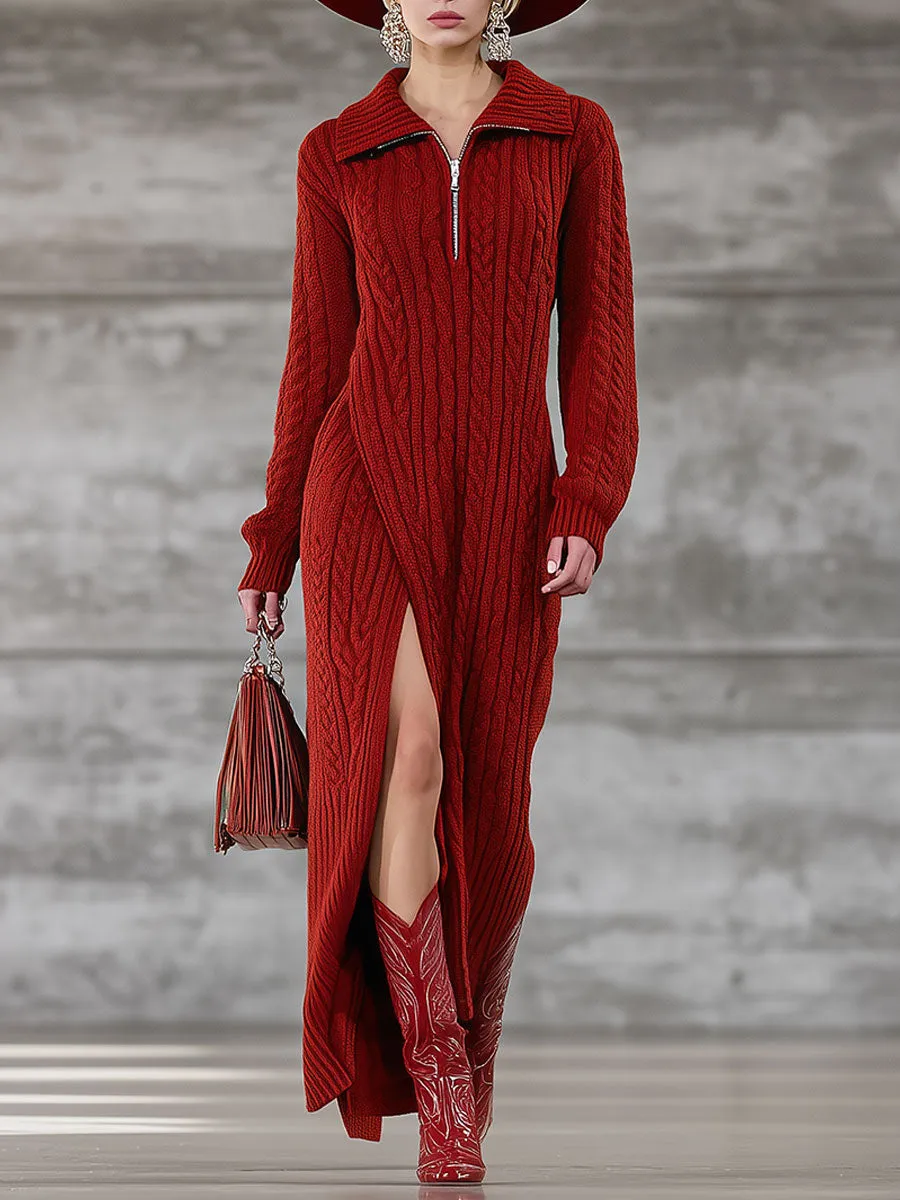 Fashion Retro Red Lapel Hem Slit Knitted Maxi Dress sold by Oyrosy
