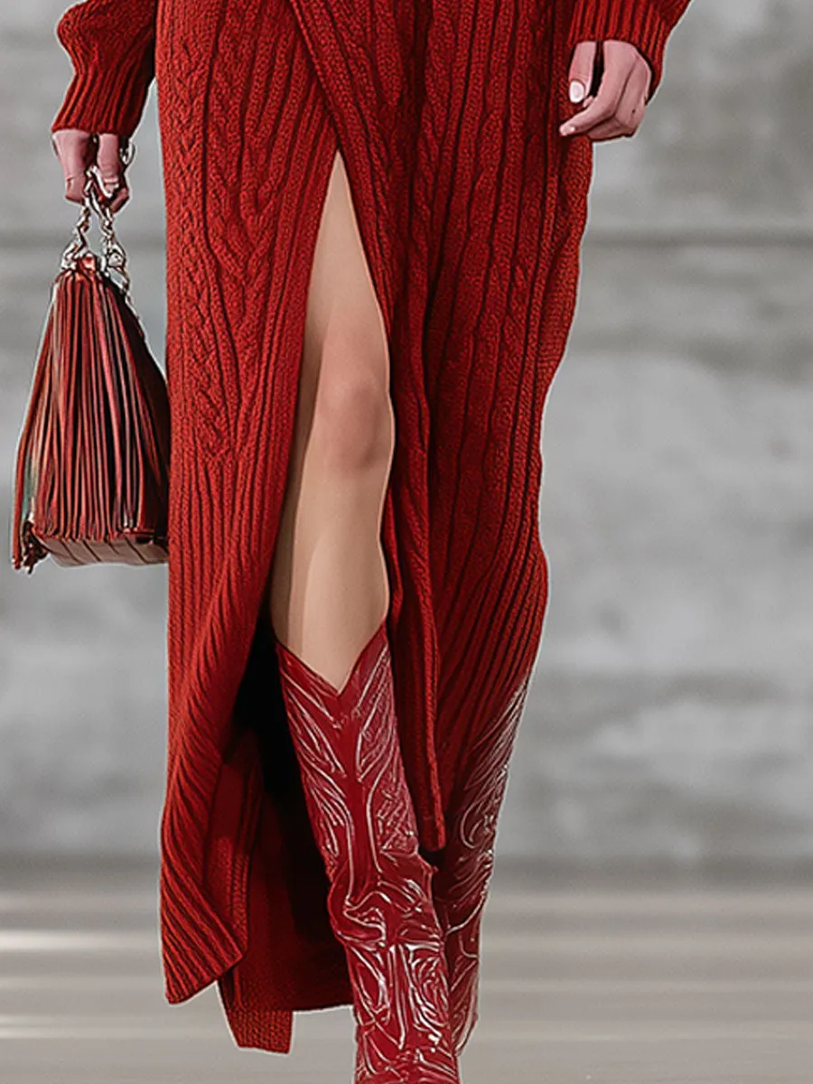 Fashion Retro Red Lapel Hem Slit Knitted Maxi Dress sold by Oyrosy product image thumbnail 4