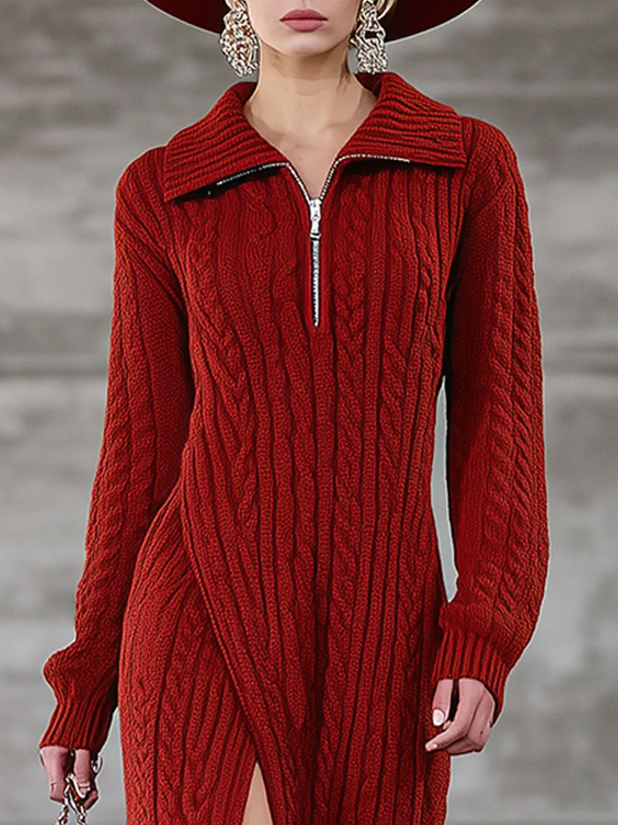 Fashion Retro Red Lapel Hem Slit Knitted Maxi Dress sold by Oyrosy product image thumbnail 3