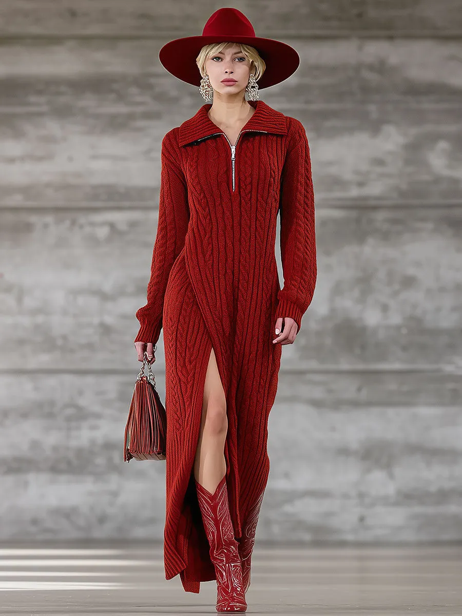 Fashion Retro Red Lapel Hem Slit Knitted Maxi Dress sold by Oyrosy product image thumbnail 2