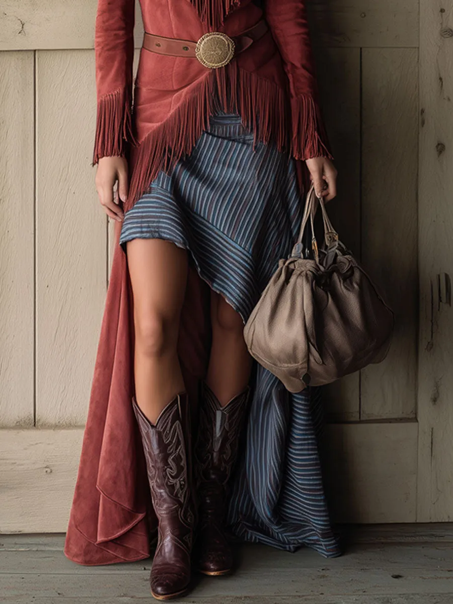 Casual Retro Fake Two-Piece Striped Brick Red Suede Tassel Maxi Dress sold by Oyrosy product image thumbnail 4