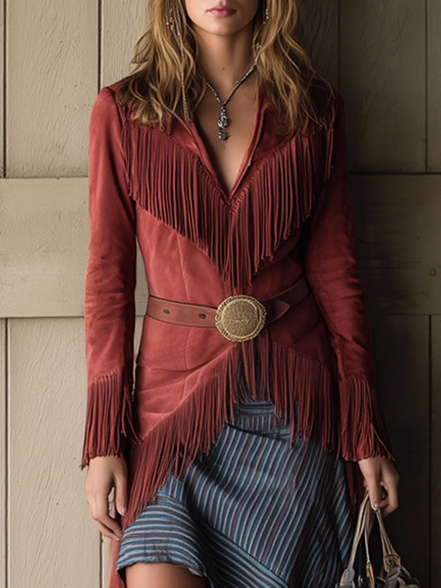 Casual Retro Fake Two-Piece Striped Brick Red Suede Tassel Maxi Dress sold by Oyrosy product image thumbnail 3