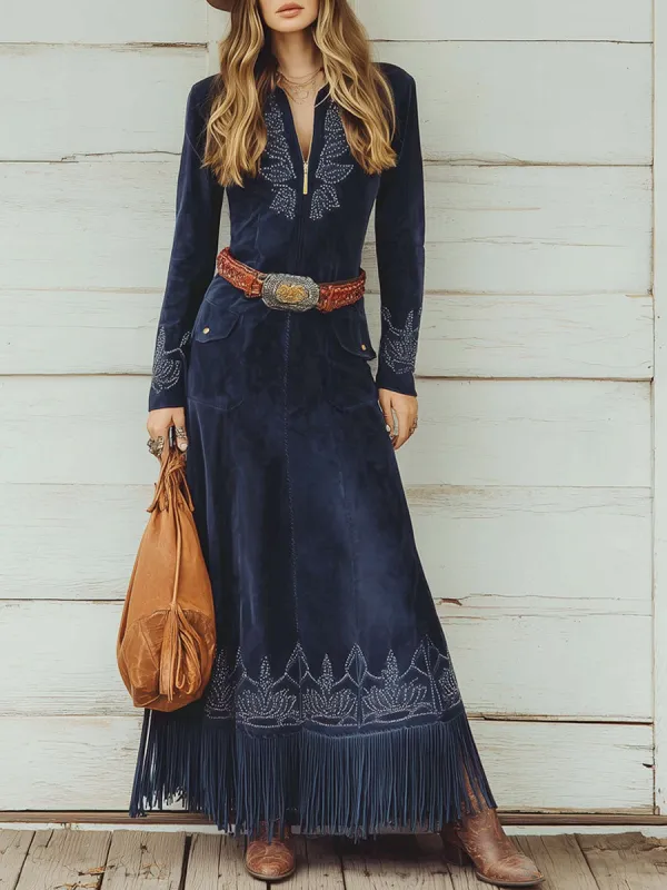 Western Retro Dark Blue Faux Suede Ethnic Embroidery Tassel Maxi Dress sold by Oyrosy