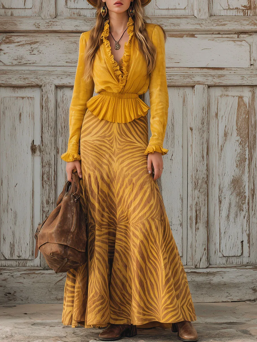Western Retro Yellow Faux Suede Ruffle Long Sleeve Shirt Zebra Print Skirt Set sold by Oyrosy