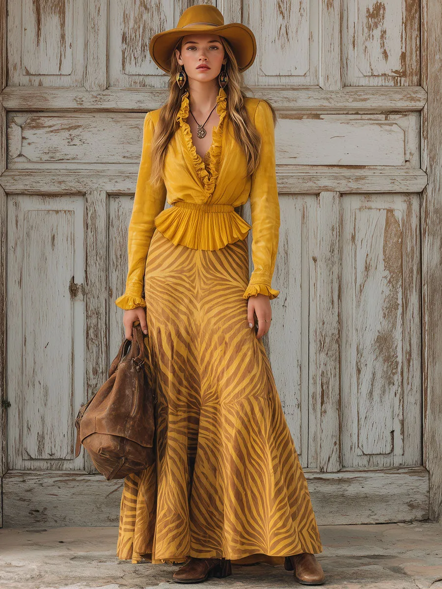 Western Retro Yellow Faux Suede Ruffle Long Sleeve Shirt Zebra Print Skirt Set sold by Oyrosy product image thumbnail 2