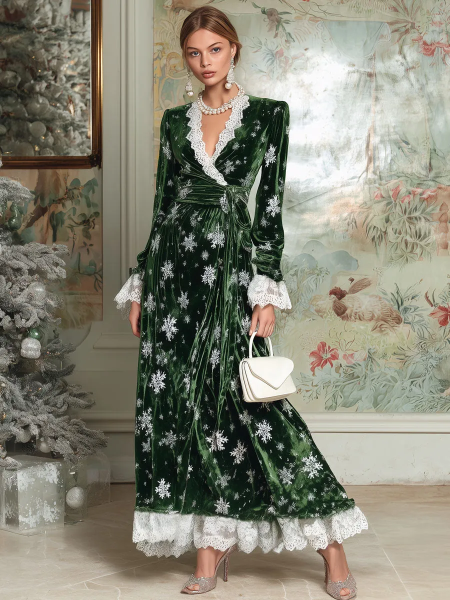 V-neck Lace Snowflake Print Velvet Long-sleeved Maxi Dress sold by Oyrosy product image thumbnail 4