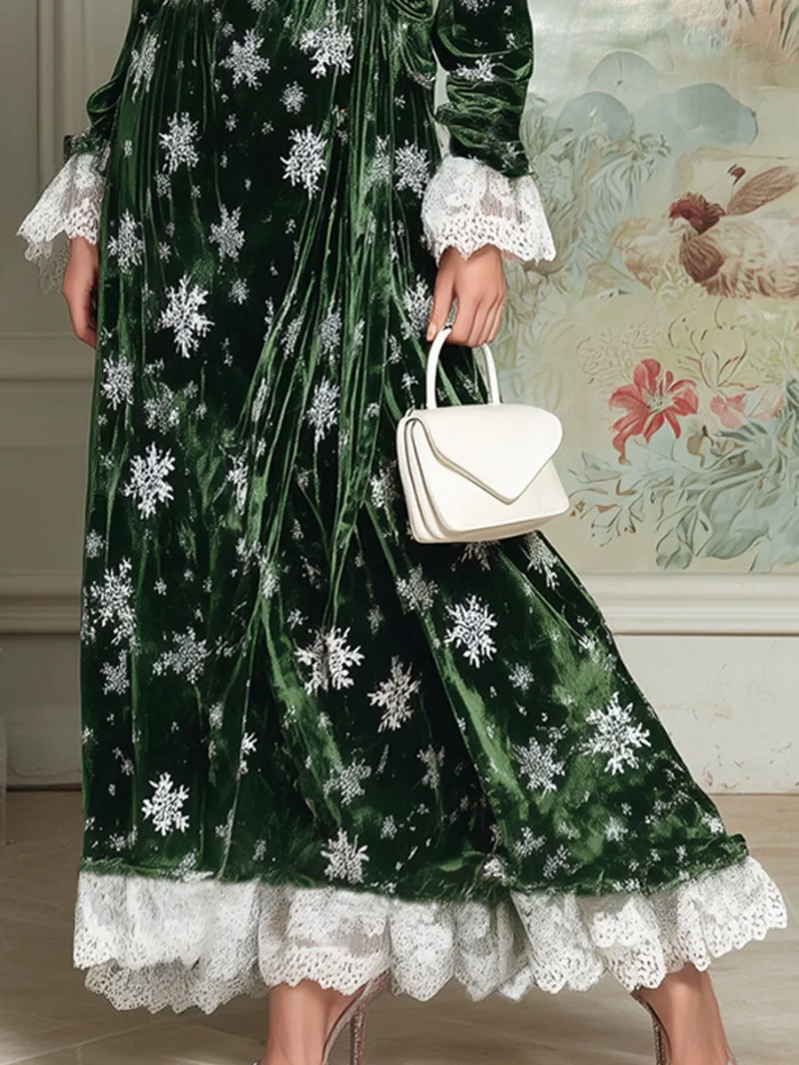 V-neck Lace Snowflake Print Velvet Long-sleeved Maxi Dress sold by Oyrosy product image thumbnail 3