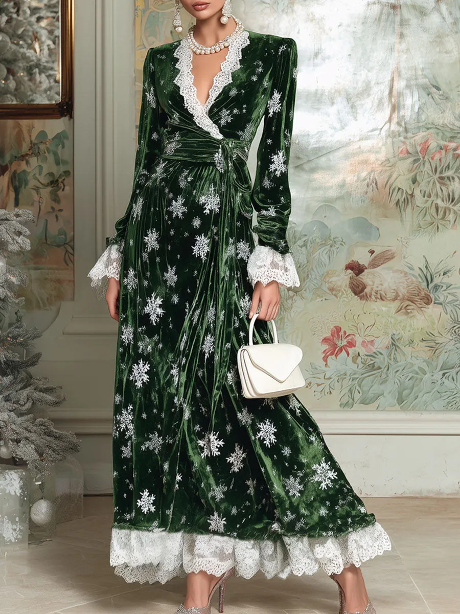 V-neck Lace Snowflake Print Velvet Long-sleeved Maxi Dress sold by Oyrosy