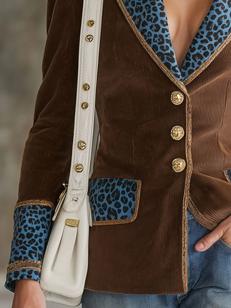 Lapel Single-breasted Corduroy Patchwork Leopard Print Casual Blazer sold by Oyrosy product image thumbnail 3
