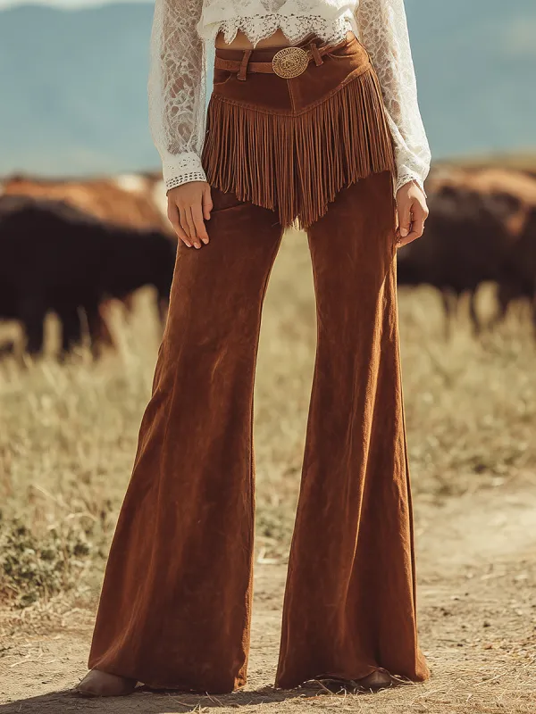 Retro Western Style Waist Tassel Brown Faux Suede Wide Leg Pants sold by Oyrosy