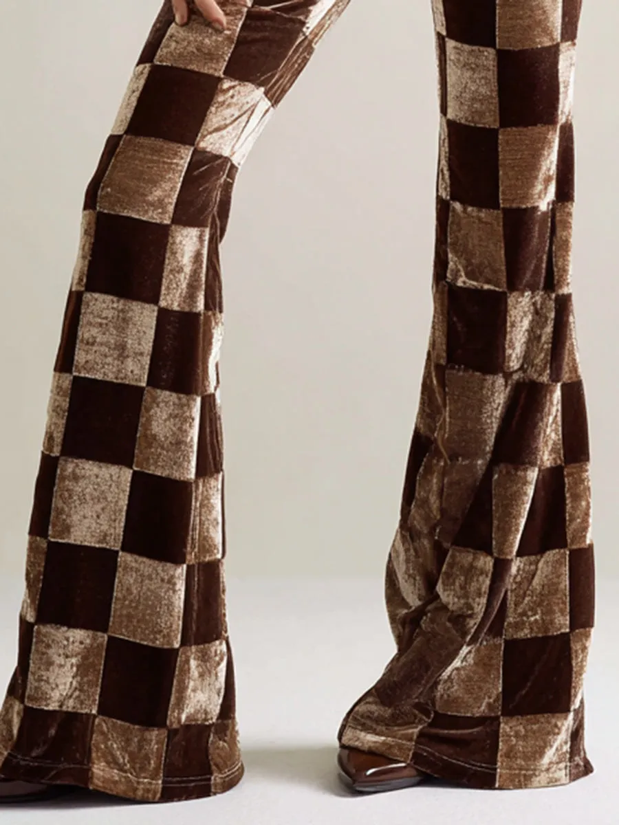 Vintage Brown Checkerboard Print Velvet Flared Pants sold by Oyrosy product image thumbnail 4
