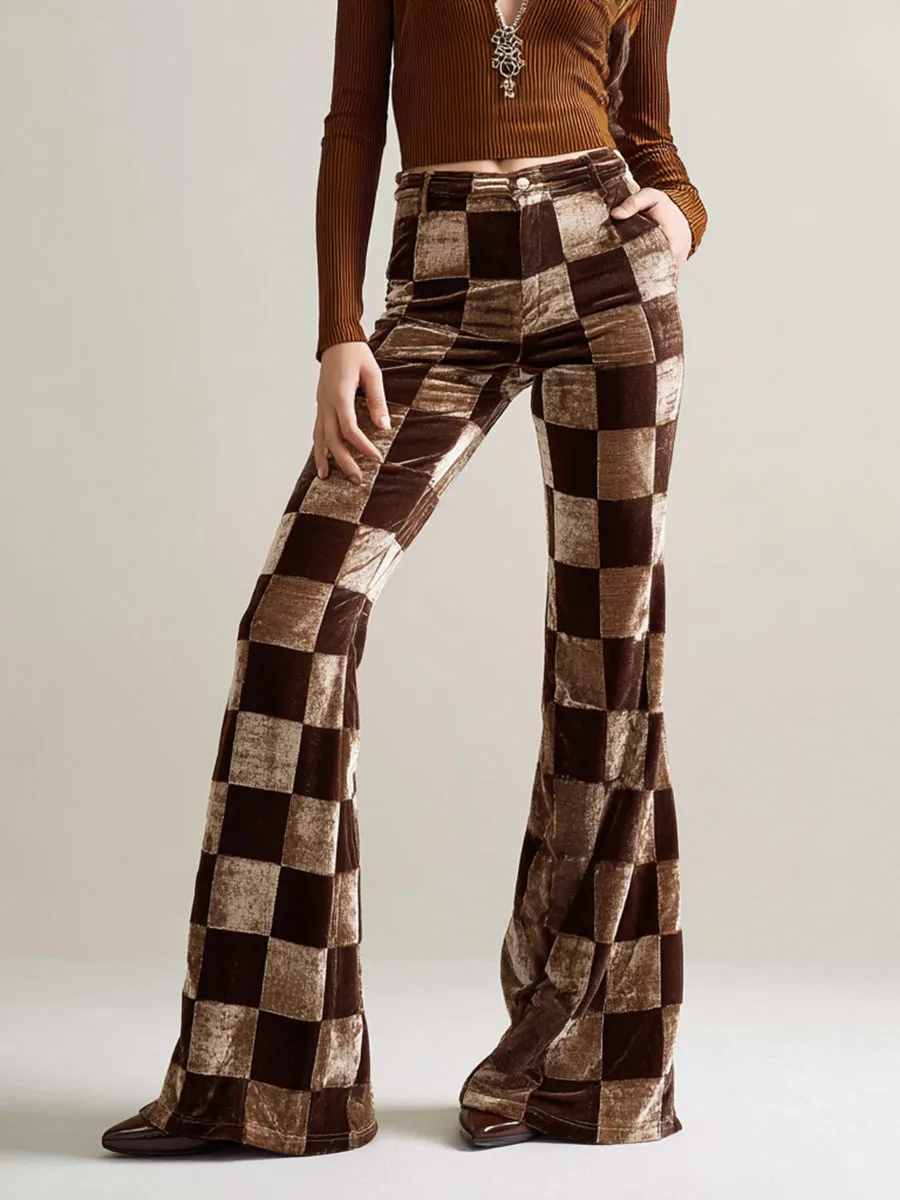 Vintage Brown Checkerboard Print Velvet Flared Pants sold by Oyrosy product image thumbnail 2