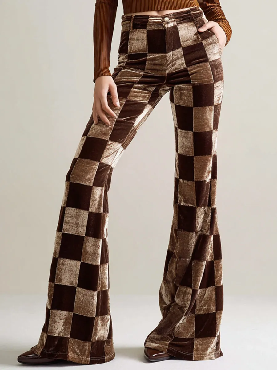 Vintage Brown Checkerboard Print Velvet Flared Pants sold by Oyrosy