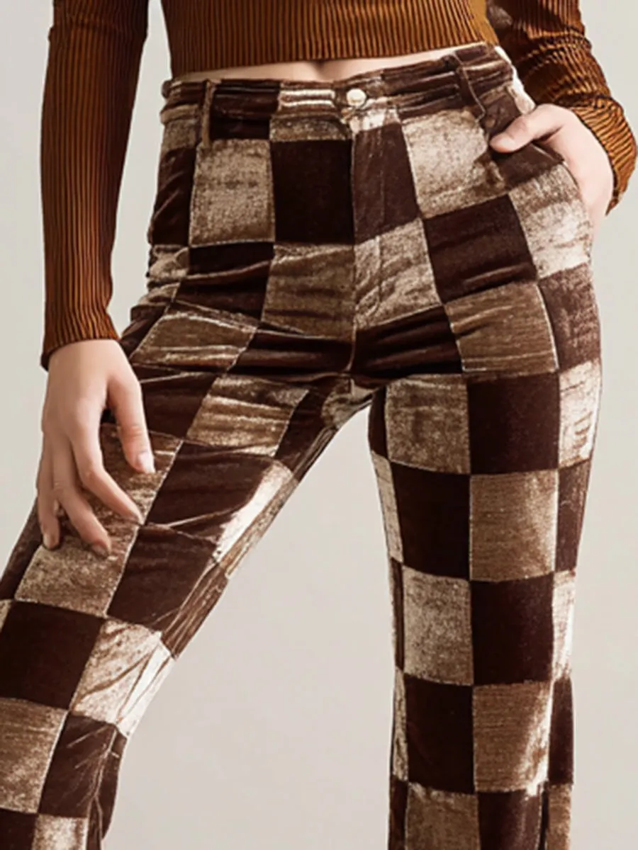 Vintage Brown Checkerboard Print Velvet Flared Pants sold by Oyrosy product image thumbnail 3