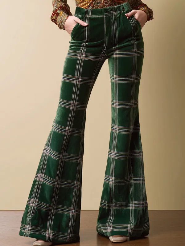 Vintage Emerald Plaid Print Velvet Flared Pants sold by Oyrosy