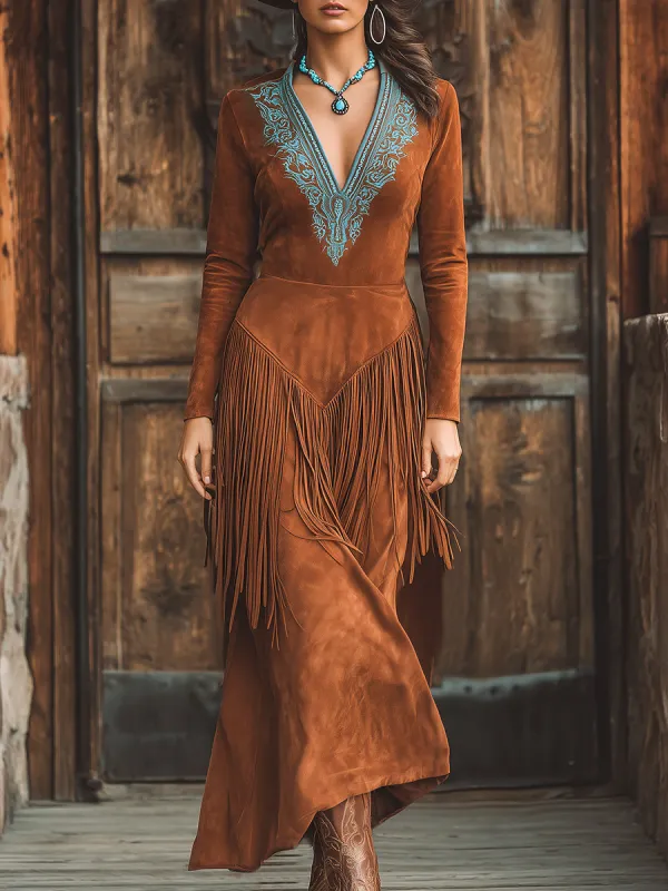 Fashionable Western-Style Tassel Embroidered V-Neck Brown Faux Suede Maxi Dress sold by Oyrosy