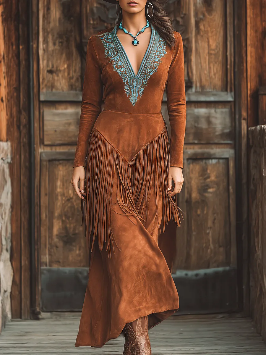 Fashionable Western-Style Tassel Embroidered V-Neck Brown Faux Suede Maxi Dress sold by Oyrosy