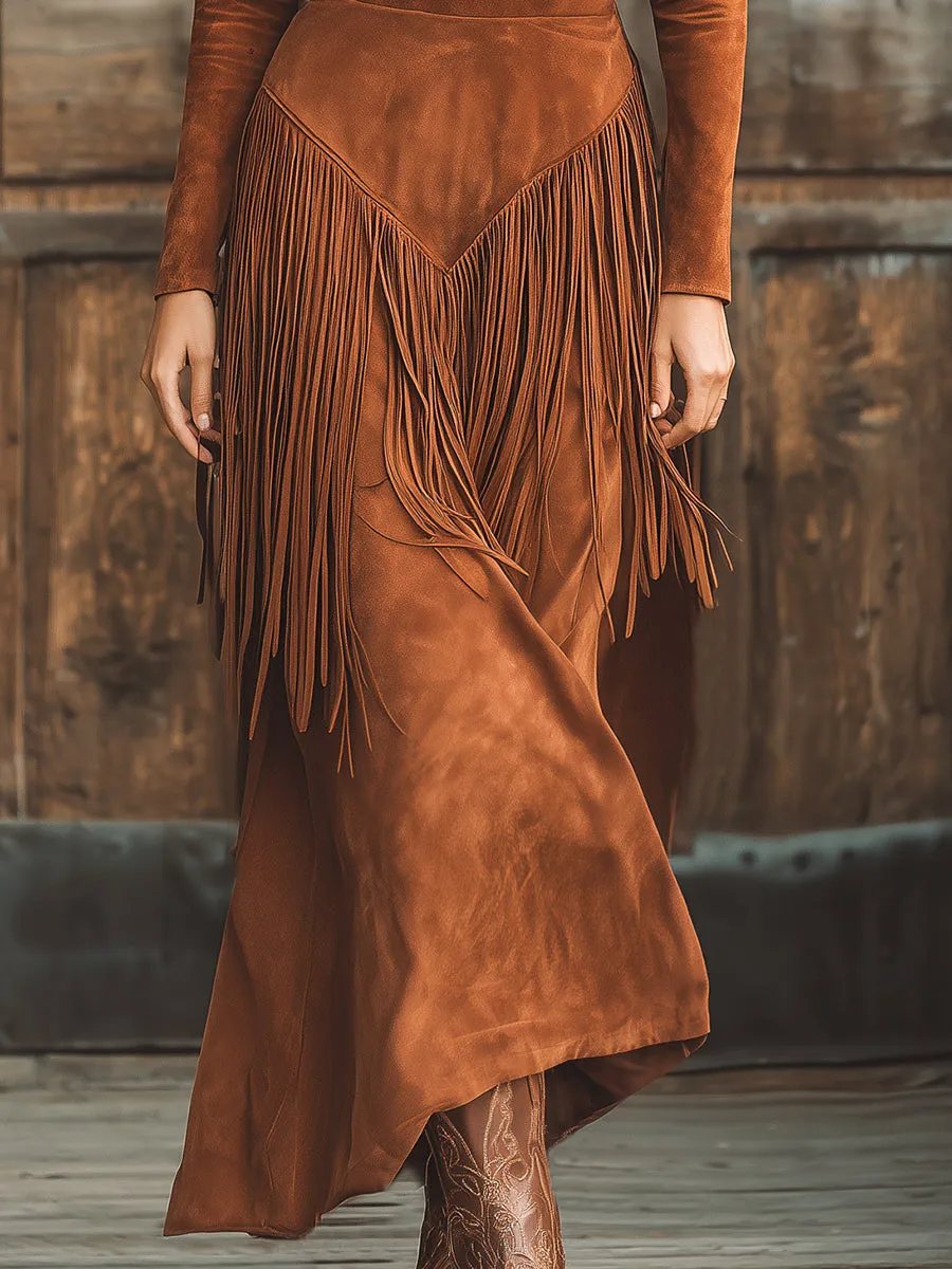 Fashionable Western-Style Tassel Embroidered V-Neck Brown Faux Suede Maxi Dress sold by Oyrosy product image thumbnail 4