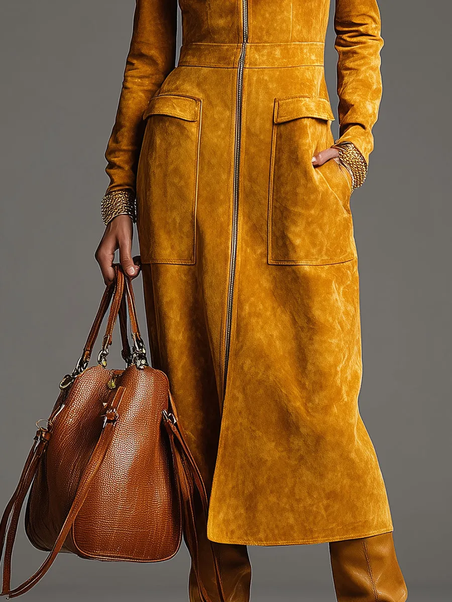 Vintage Western Front Zip-Up Yellow Faux Suede Midi Dress sold by Oyrosy product image thumbnail 4